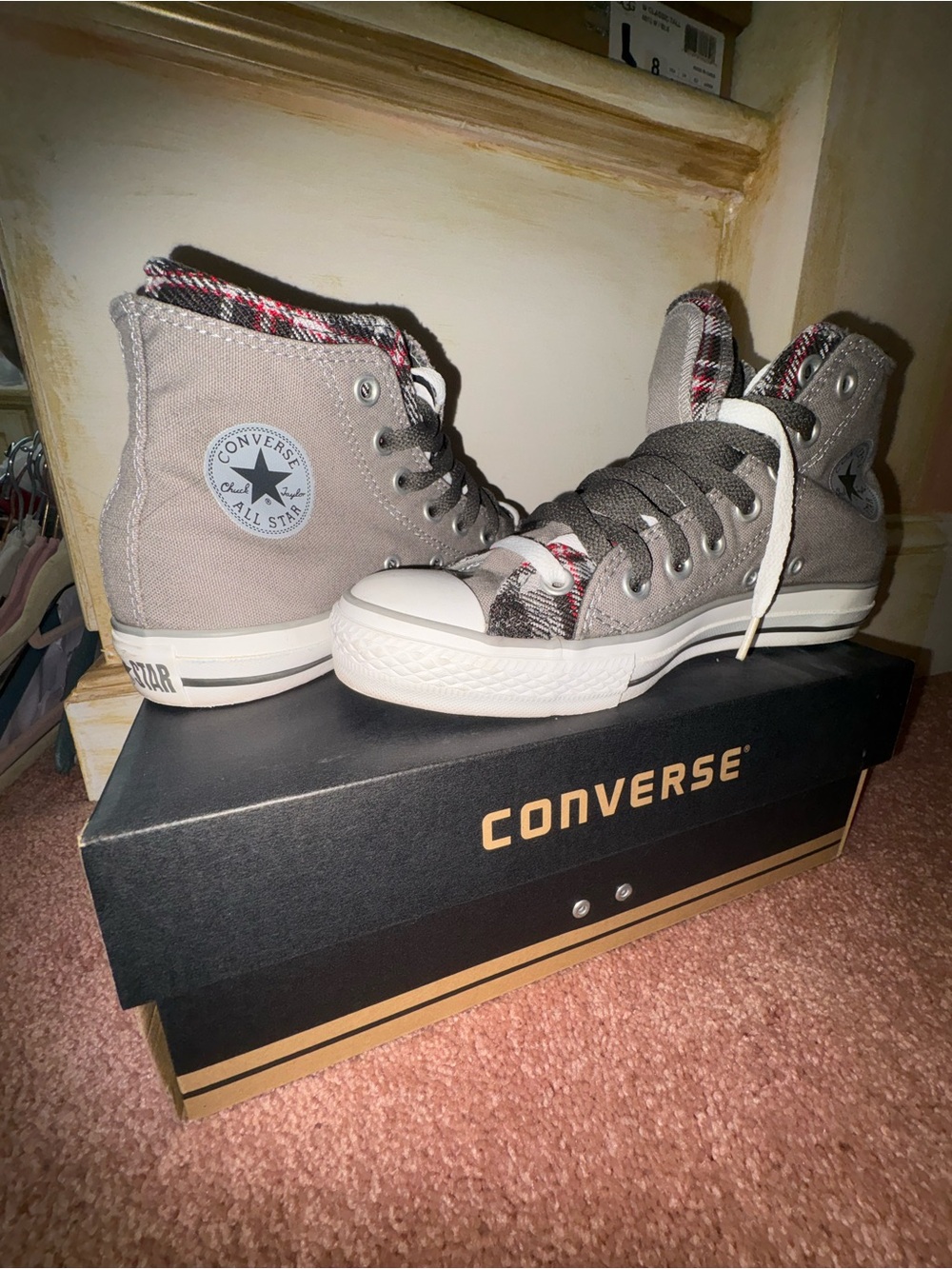 Converse Kids High Top Sneakers in Gray with Plaid Trim
